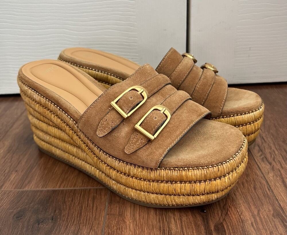 FRANCO SARTO Torino Brown Suede Buckle Woven Espadrille Wedge Sandals Sz 8.5M